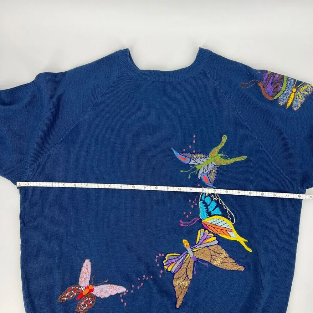 Vintage Cyn Les Shirlee Embroidered BUTTERFLY Sweater Blue Size 22